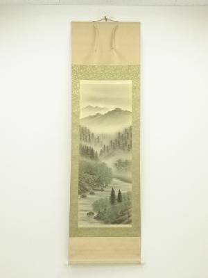 夜舟筆　山水図　肉筆絹本掛軸